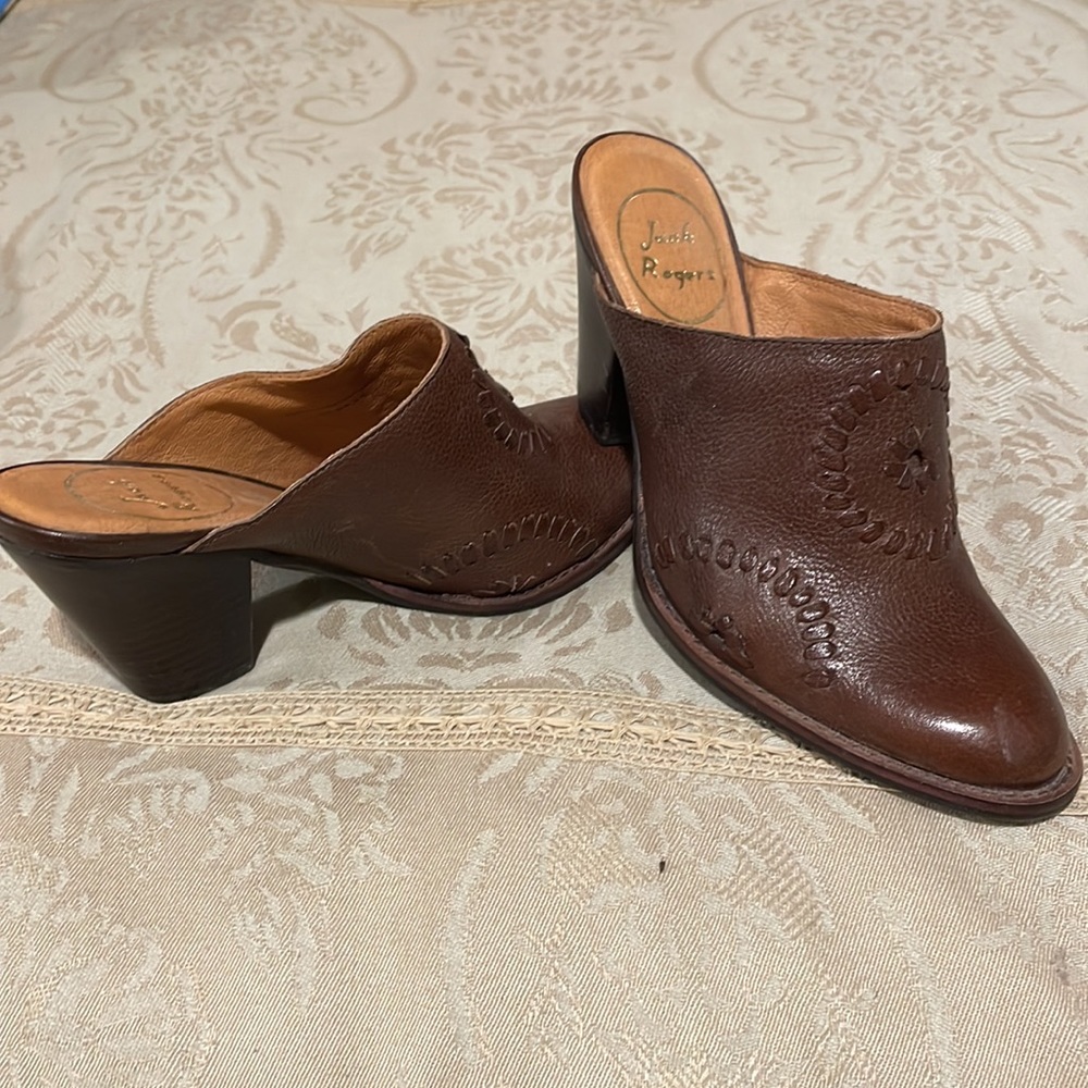 Jack Rogers brown leather heeled mule.